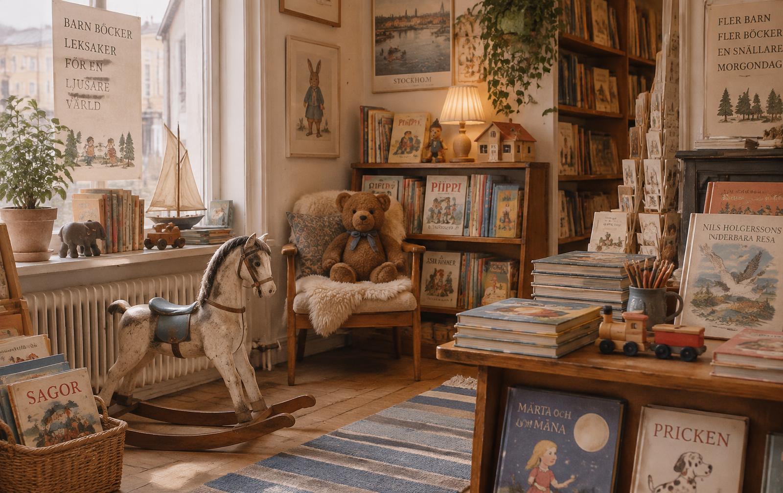 Hyggeligt hjørne med brugte børnebøger, gyngehest og bamse